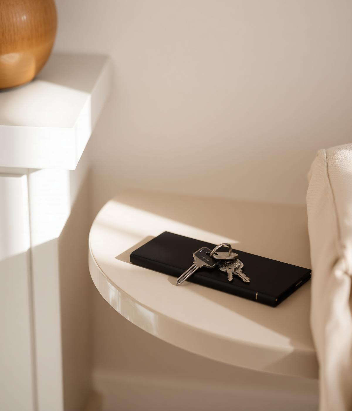 Keys resting on a console table in a calm neutral interior